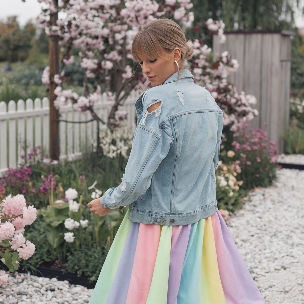 Woman layering a denim jacket over a sundress, ready for a fresh spring day out.