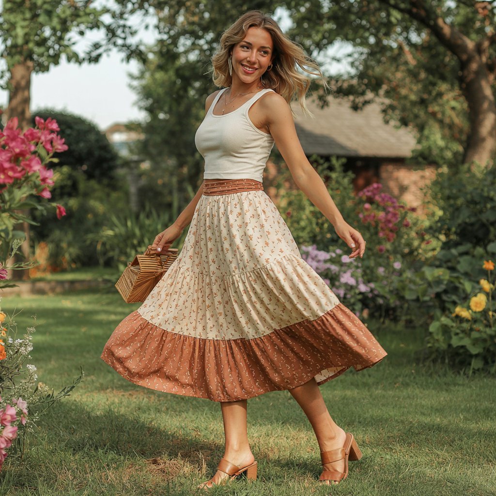 Feminine Boho Outfit with a tiered floral midi skirt and fitted top, embodying a romantic bohemian style.