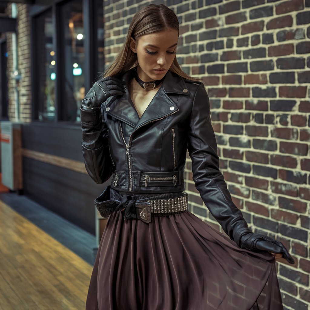 Edgy yet elegant spring outfit with contrasting textures for a bold, modern look.