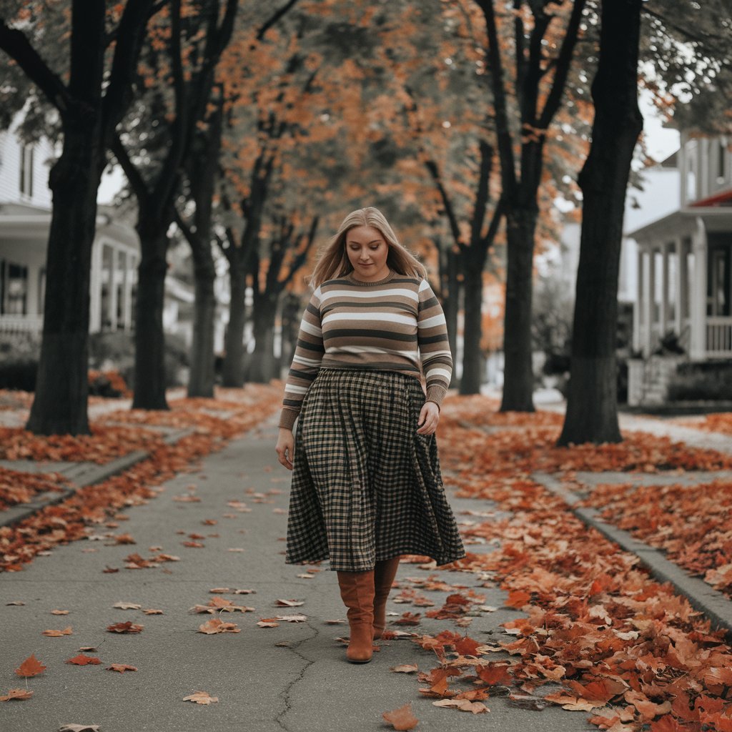 Plus size woman showcasing a skirt and sweater outfit.