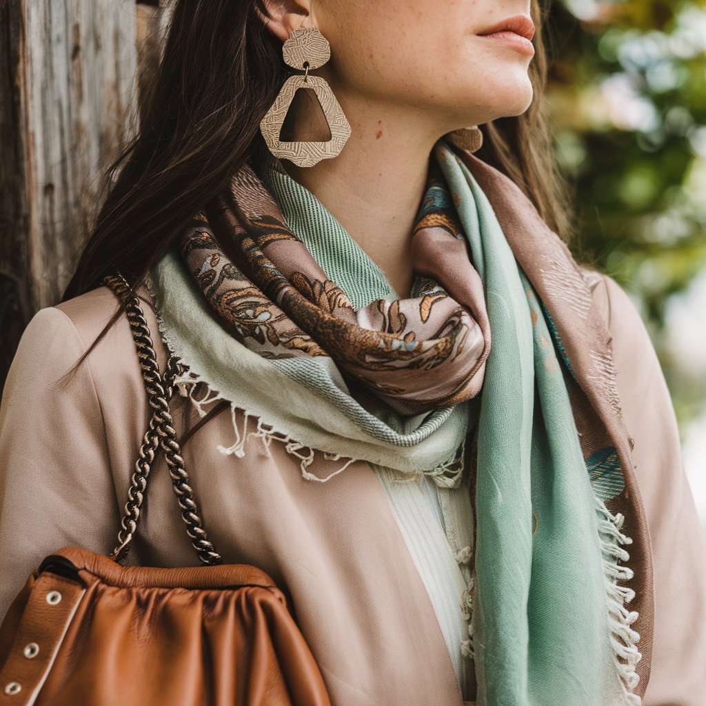 Eco-friendly accessories including recycled earrings, vegan bag, and natural fiber scarves on a wooden background