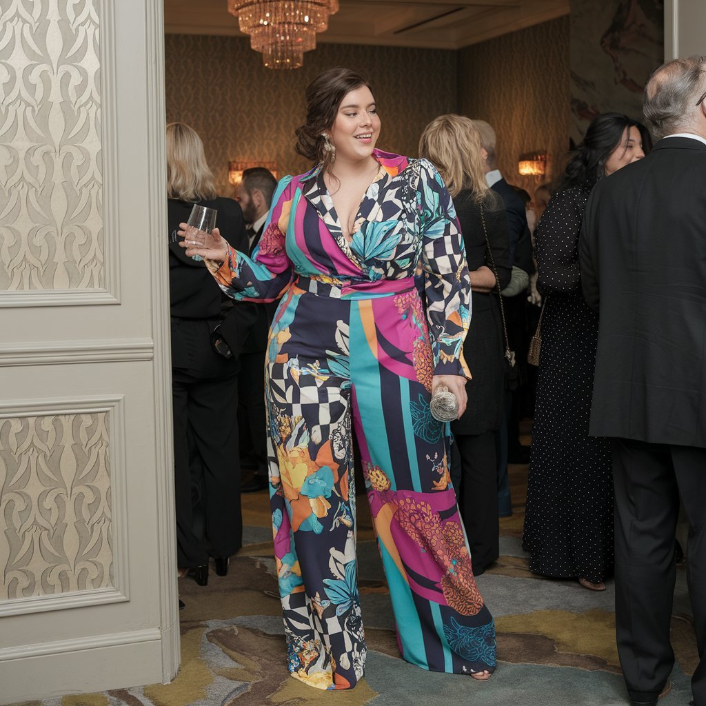 Plus size woman in a bold printed jumpsuit.