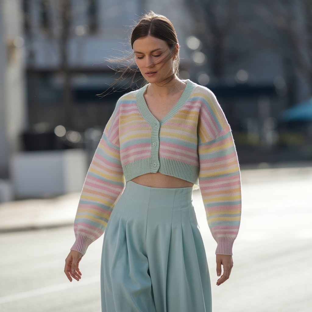 Woman wearing wide-leg trousers and a cropped cardigan, creating a balanced and stylish spring outfit.