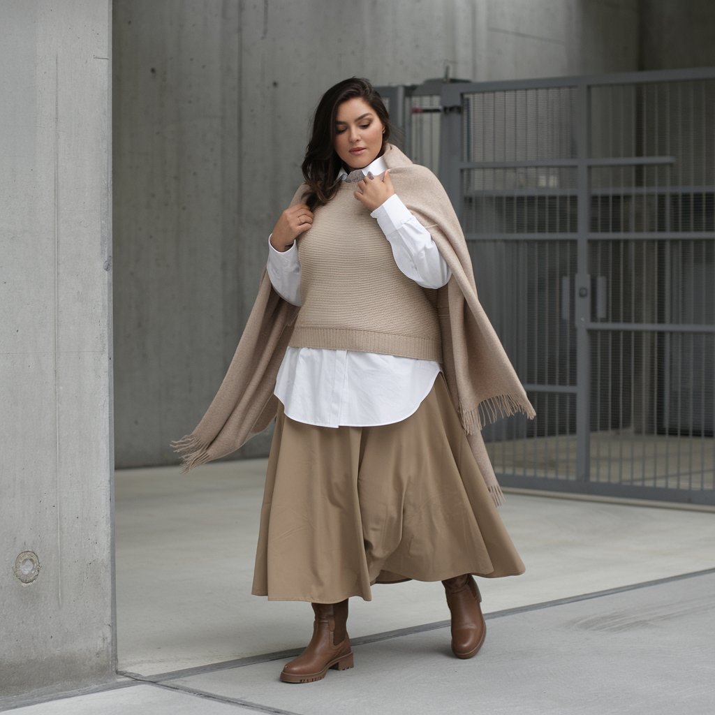 Plus size woman in a layered neutral outfit.