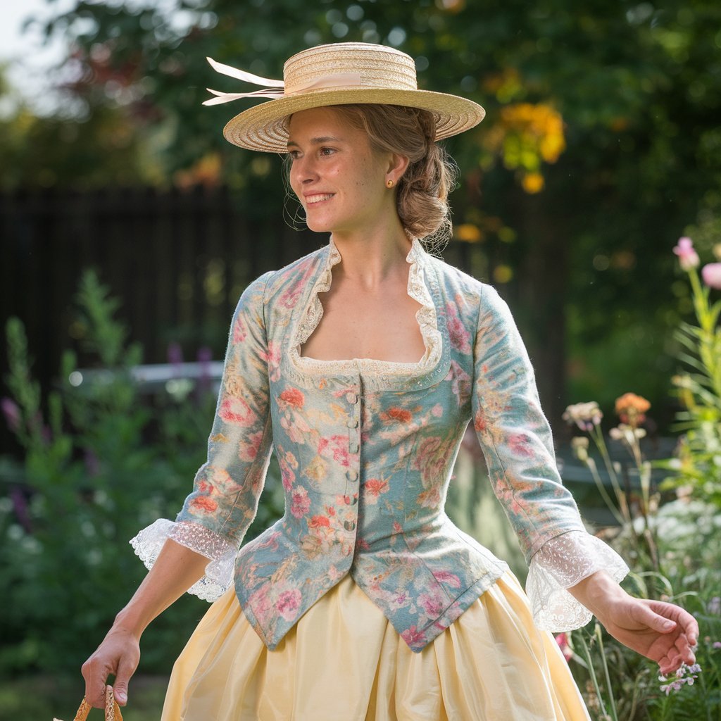 Woman modeling a charming Rococo outfit consisting of a Caraco jacket and petticoat, typical of 18th-century daywear.